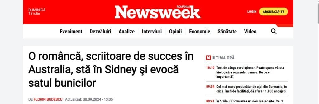 O româncă, scriitoare de succes în Australia, stă în Sidney şi evocă satul bunicilor