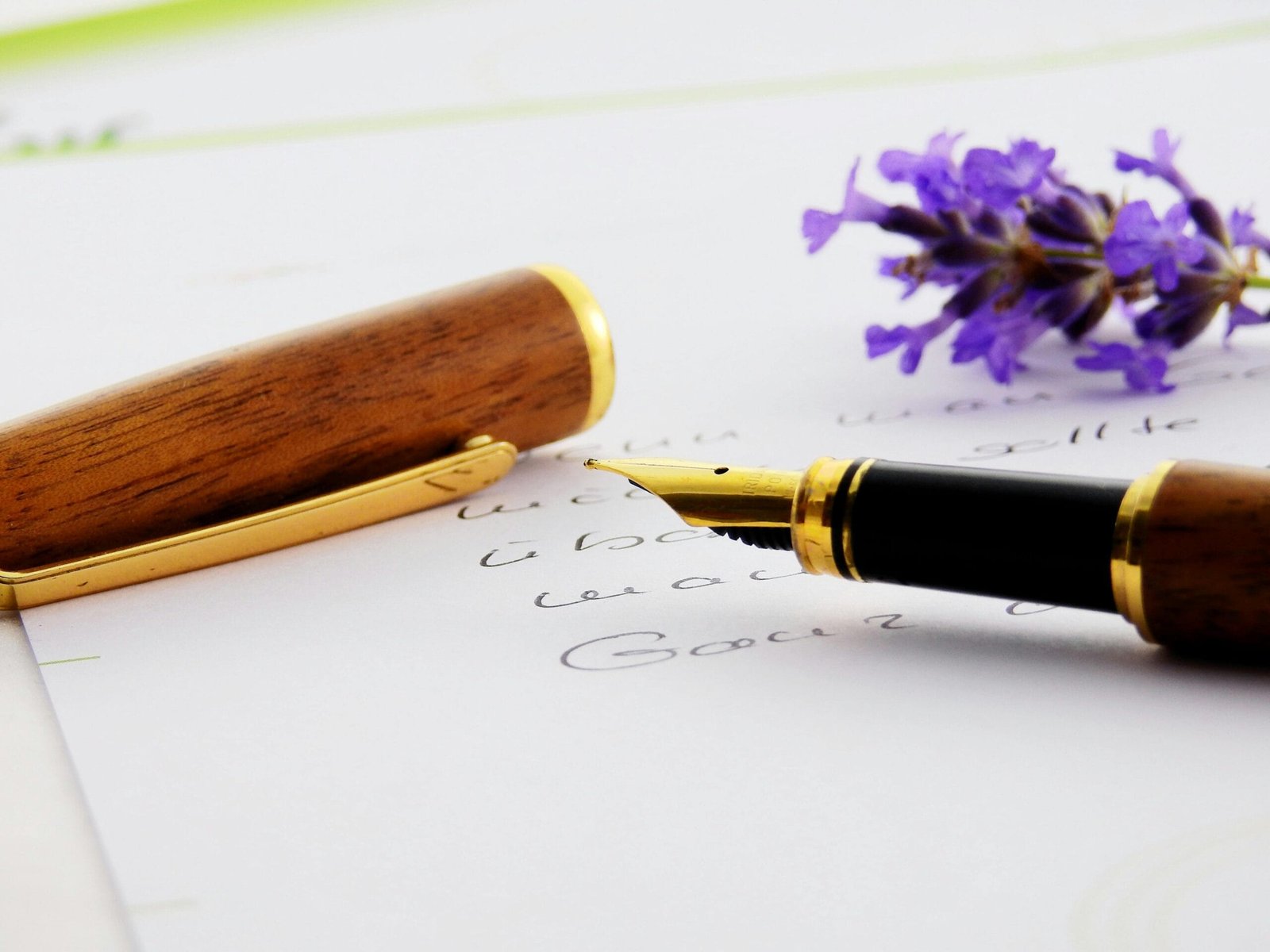 Close-up of a fountain pen with lavender, ideal for writing themes.
