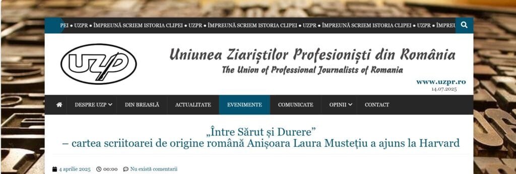 „Între Sărut și Durere” – cartea scriitoarei Anișoara Laura Mustețiu a ajuns la Harvard – Uniunea Ziariștilor Profesioniști din România